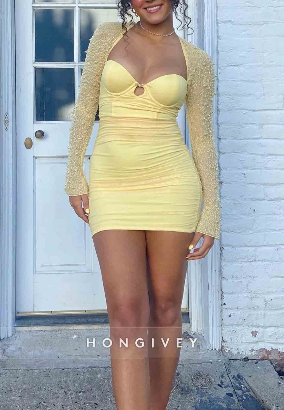 Sweetheart Sheath Yellow Long Sleeves Mini Homecoming Dress with Pearls