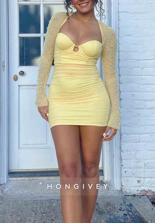 Sweetheart Sheath Yellow Long Sleeves Mini Homecoming Dress with Pearls