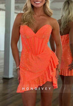 Sparkly Sheath Sweetheart Hot Strapless Short Homecoming Dress with Beading