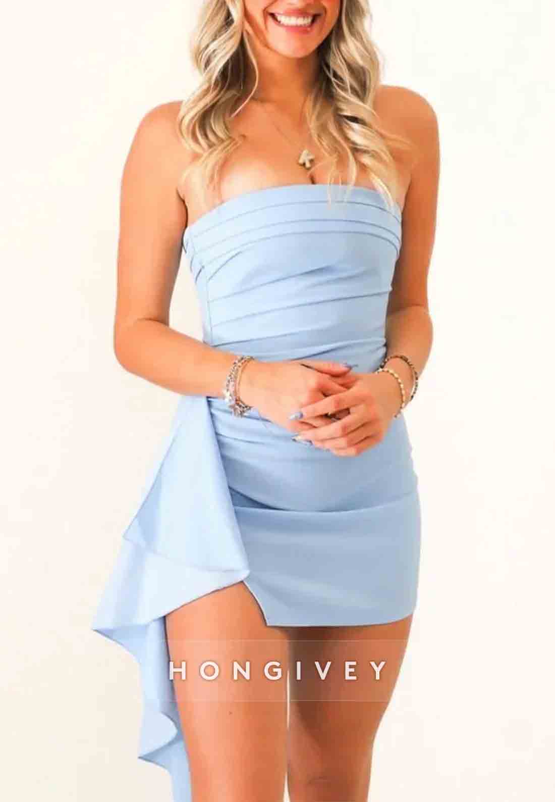 Stylish Side Draping Bodycon Strapless Blue Short Homecoming Dress with Ruched