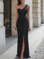 One-Shoulder Sequin Evening Gown With Front Slit