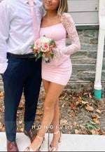 Simple Blush Lace Long Sleeves Pleated Mini Homecoming Dresses