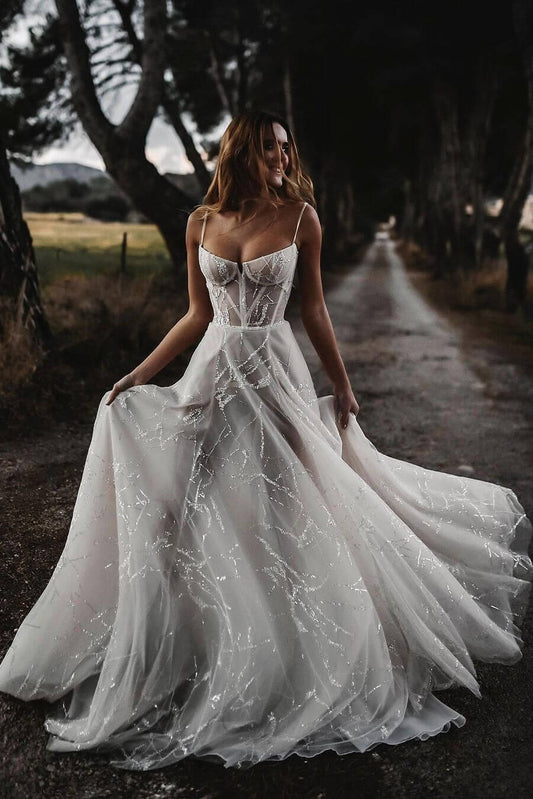 Spaghetti Strap Sleeveless Sparkle A-Line Wedding Dress