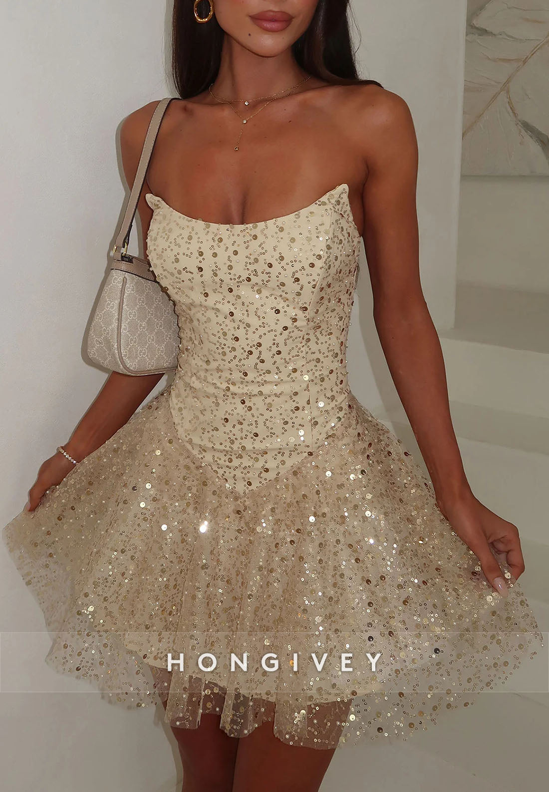 Gorgeous Goldrn Strapless A-Line Sequined Short Homecoming Dress