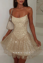 Gorgeous Goldrn Strapless A-Line Sequined Short Homecoming Dress