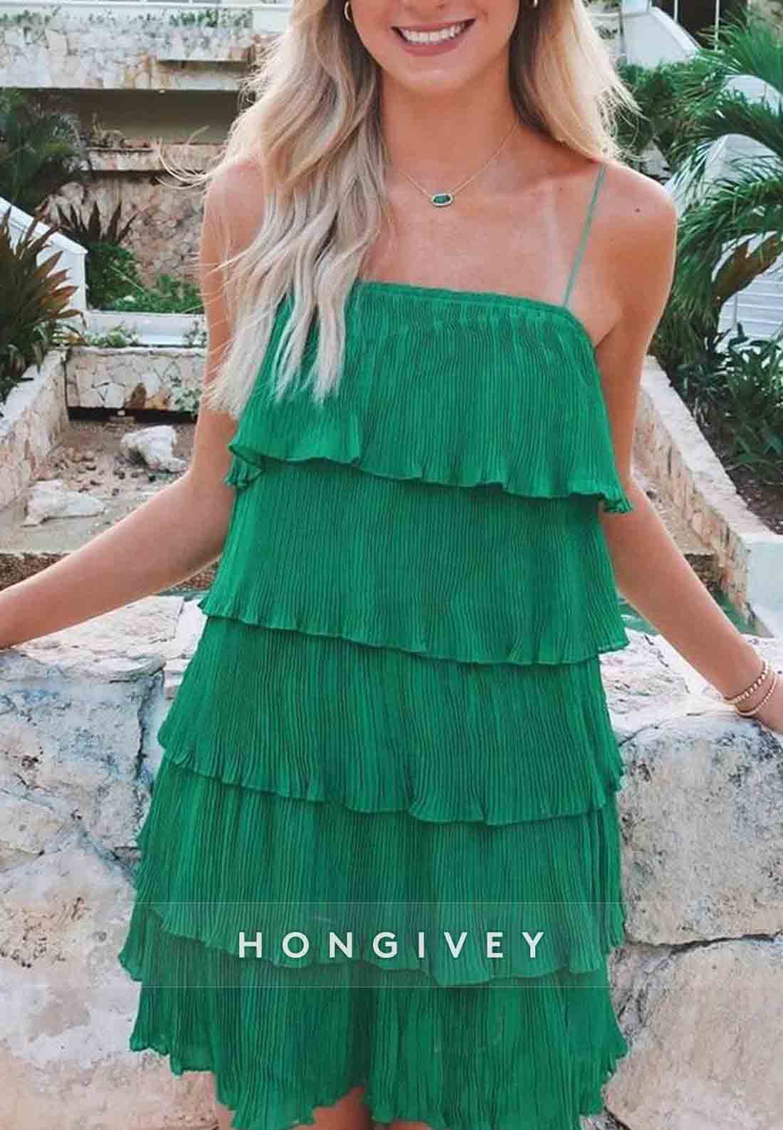 Spaghetti Straps Ruched Sleeveless Short Homecoming Dresses with Ruffles