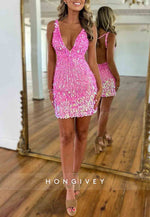 Regular Straps Low V-Neck Sheath Sleeveless Open Back Beading Min Homecoming Dresses