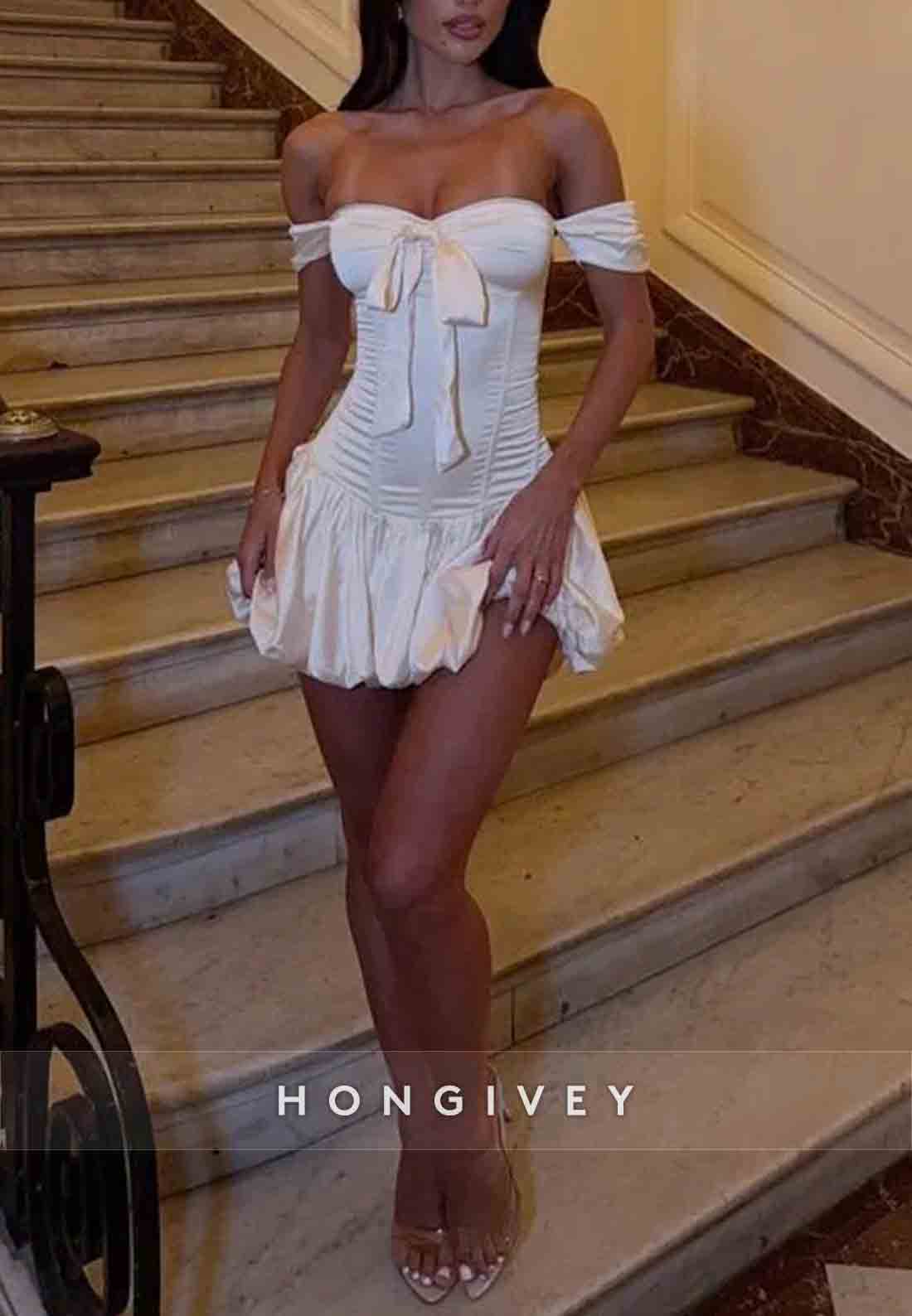 Cute A Line Off the Shoulder White Short Homecoming Dress with Ruffles