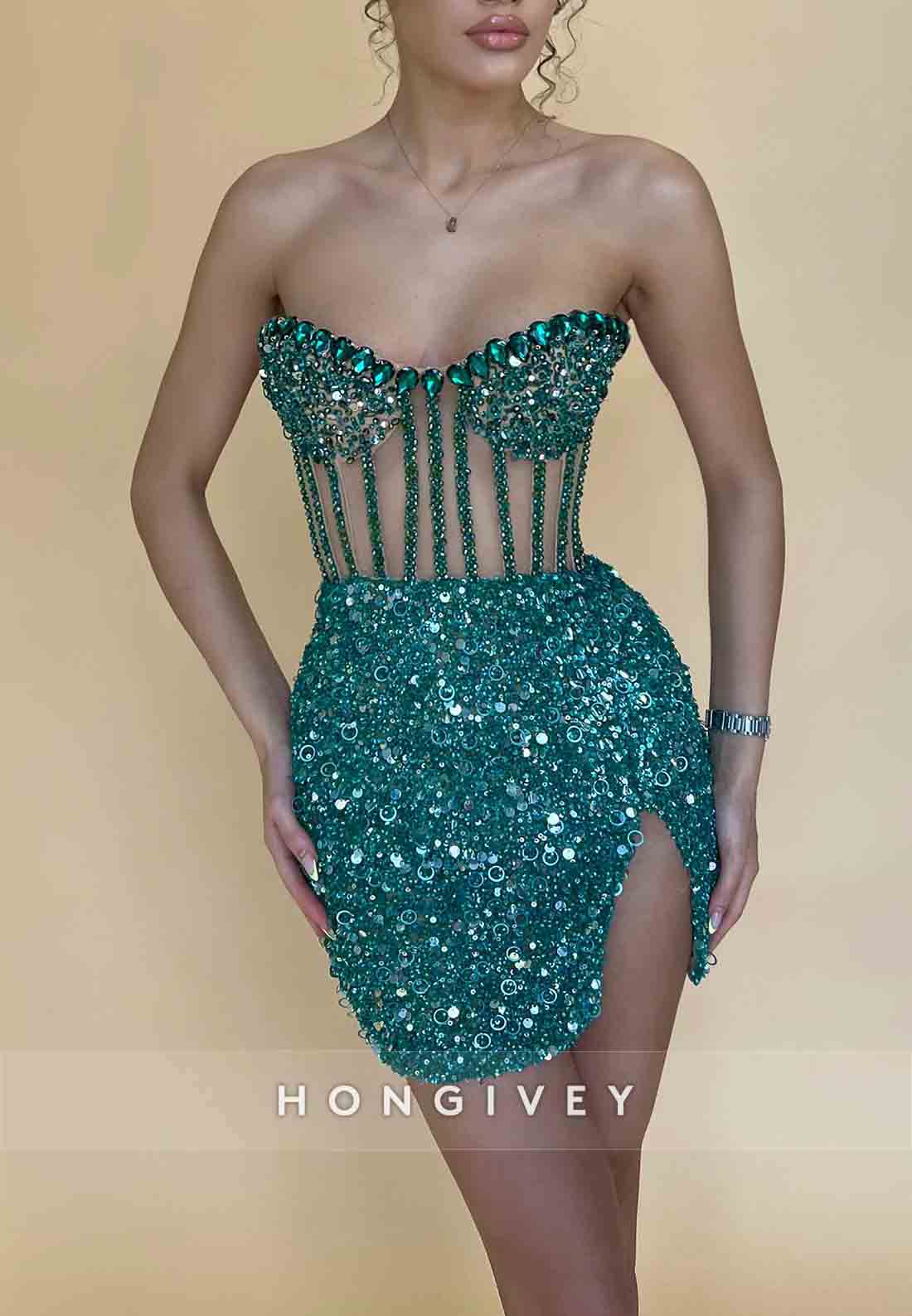 Sparkle Side Slit Strapless Sweetheart Mini Homecoming Dress with Beading