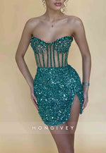 Sparkle Side Slit Strapless Sweetheart Mini Homecoming Dress with Beading