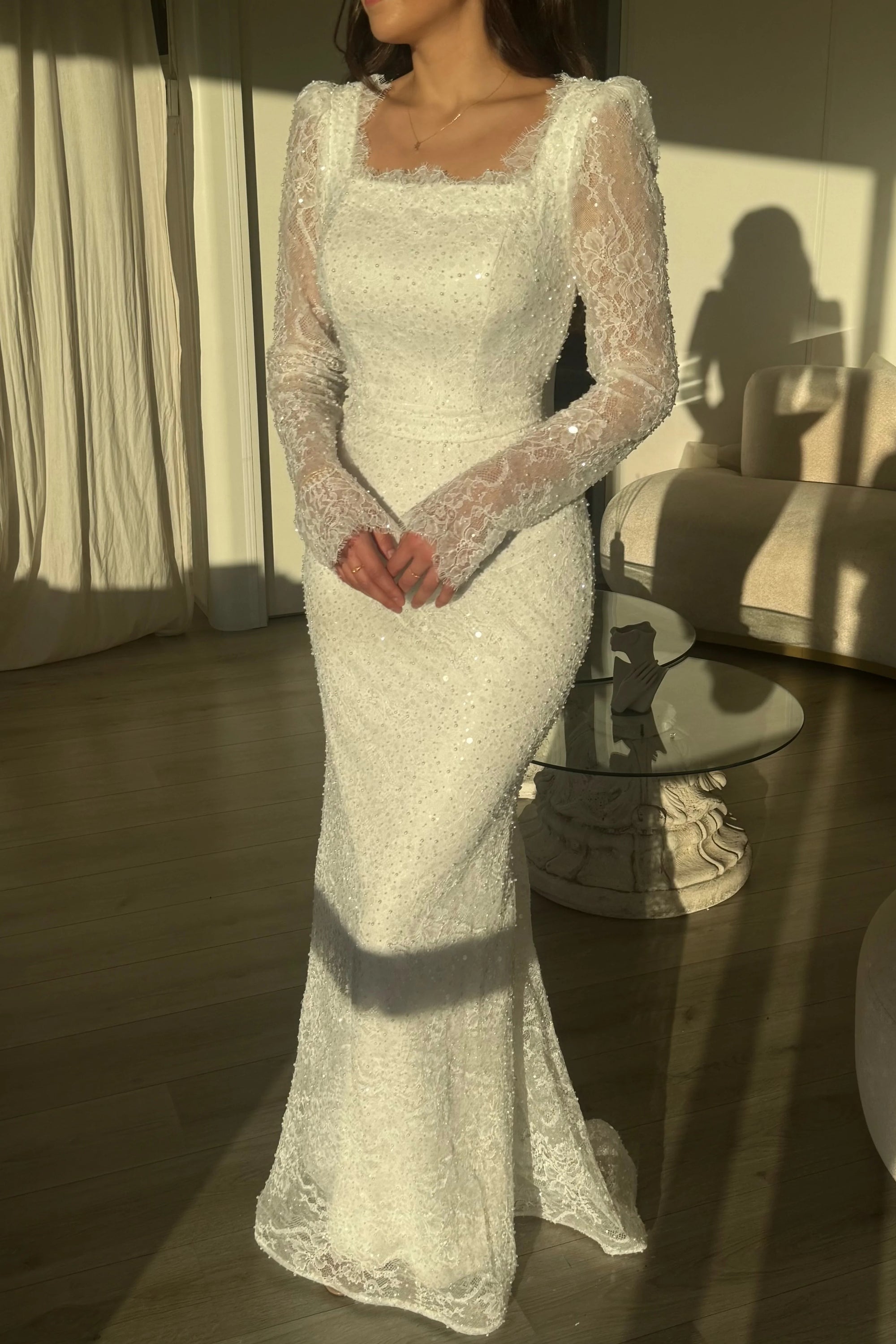 Lace Square Neck Long Sleeve Sequins Mermaid Evening Dress Floor-Length