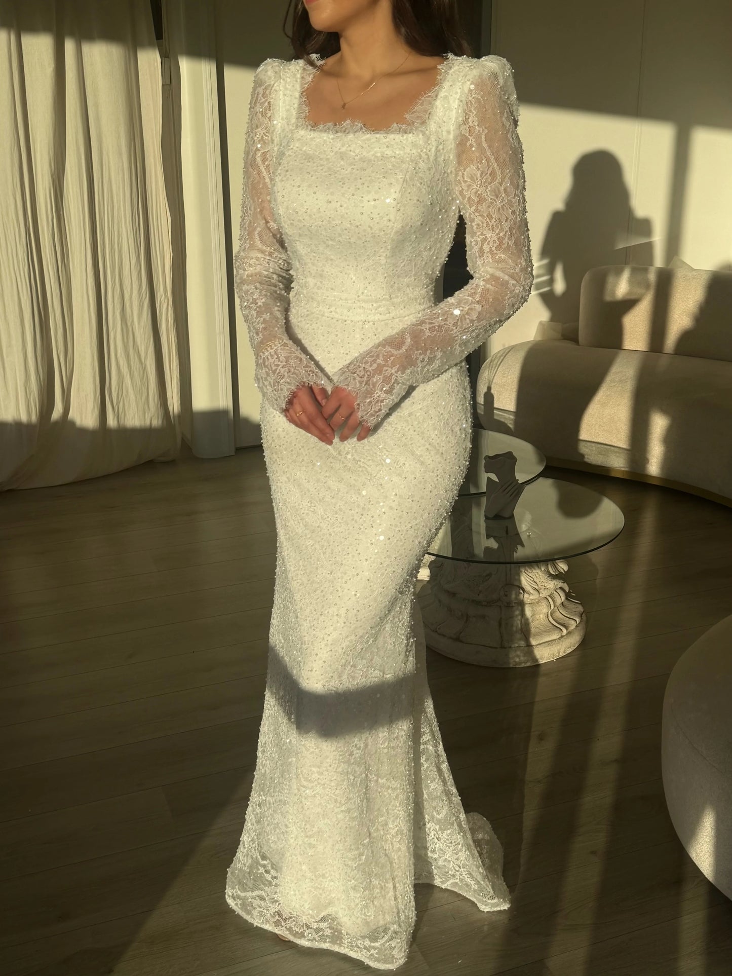 Lace Square Neck Long Sleeve Sequins Mermaid Evening Dress Floor-Length