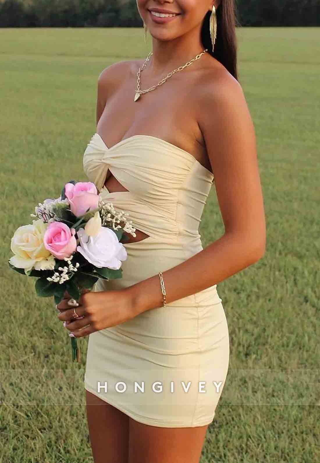 Fitted Strapless Sheath Sweetheart Yellow Short Homecoming Dress with Keyhole