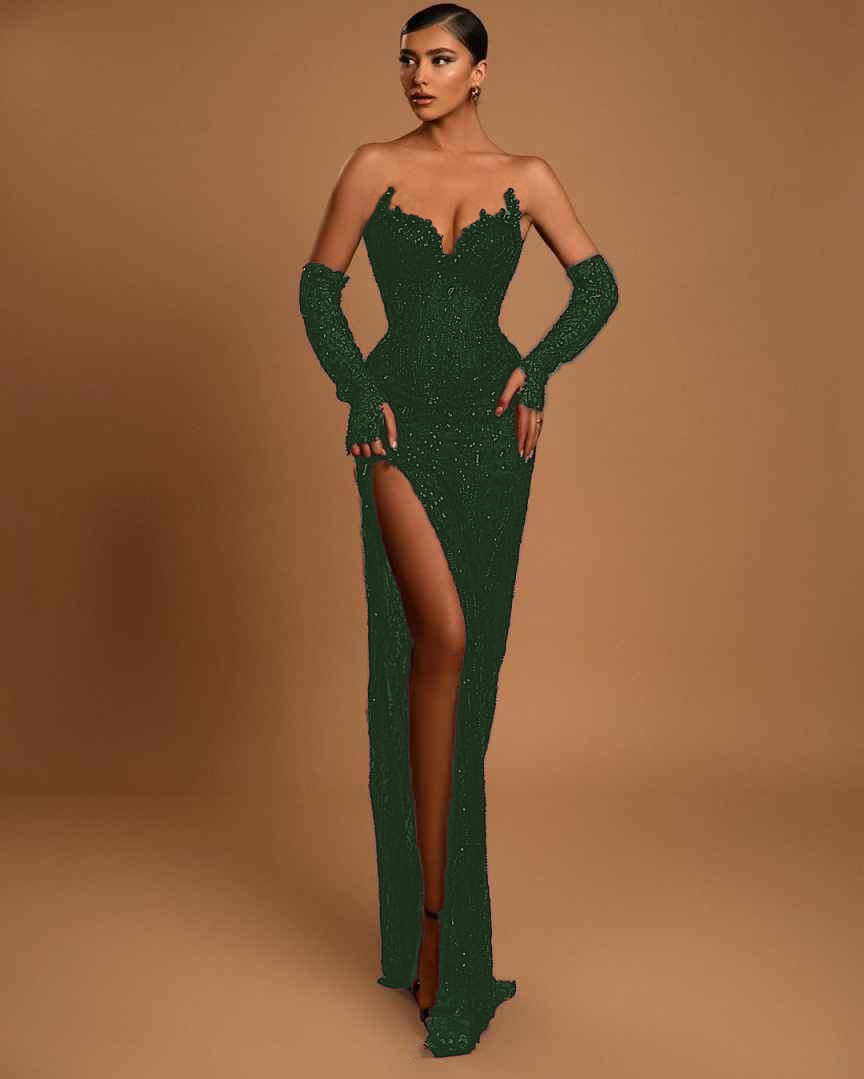 Chic Fitted Strapless Beaded With Side Slit Long Prom Dress Chic Fitted Strapless Beaded With Side Slit Long Prom Dress