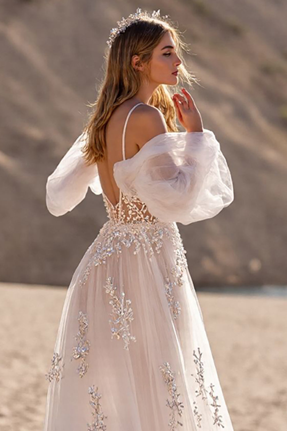 Spaghetti-Straps V-Neck A-Line Tulle Wedding Dresses Lace Appliques With Detachable Sleeves