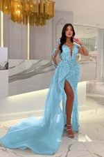 Shiny Blue Split Long Sleeves Mermaid Beaded Prom Dress Appliques Tulle