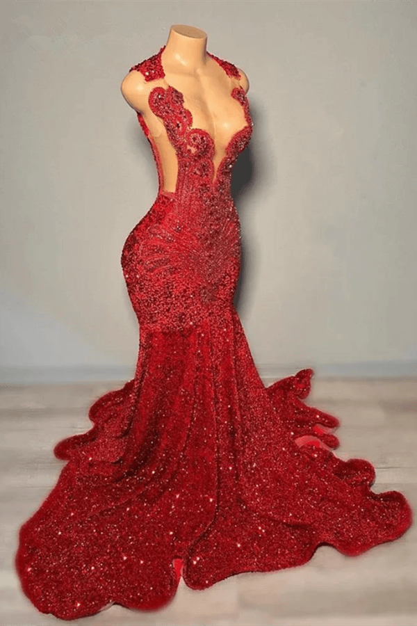 Red Scoop Sleeveless Sequins Prom Dresses Mermaid Long With Beadings