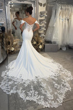 Elegant Mermaid Off the Shoulder Elastic Satin Wedding Dress with Appliques