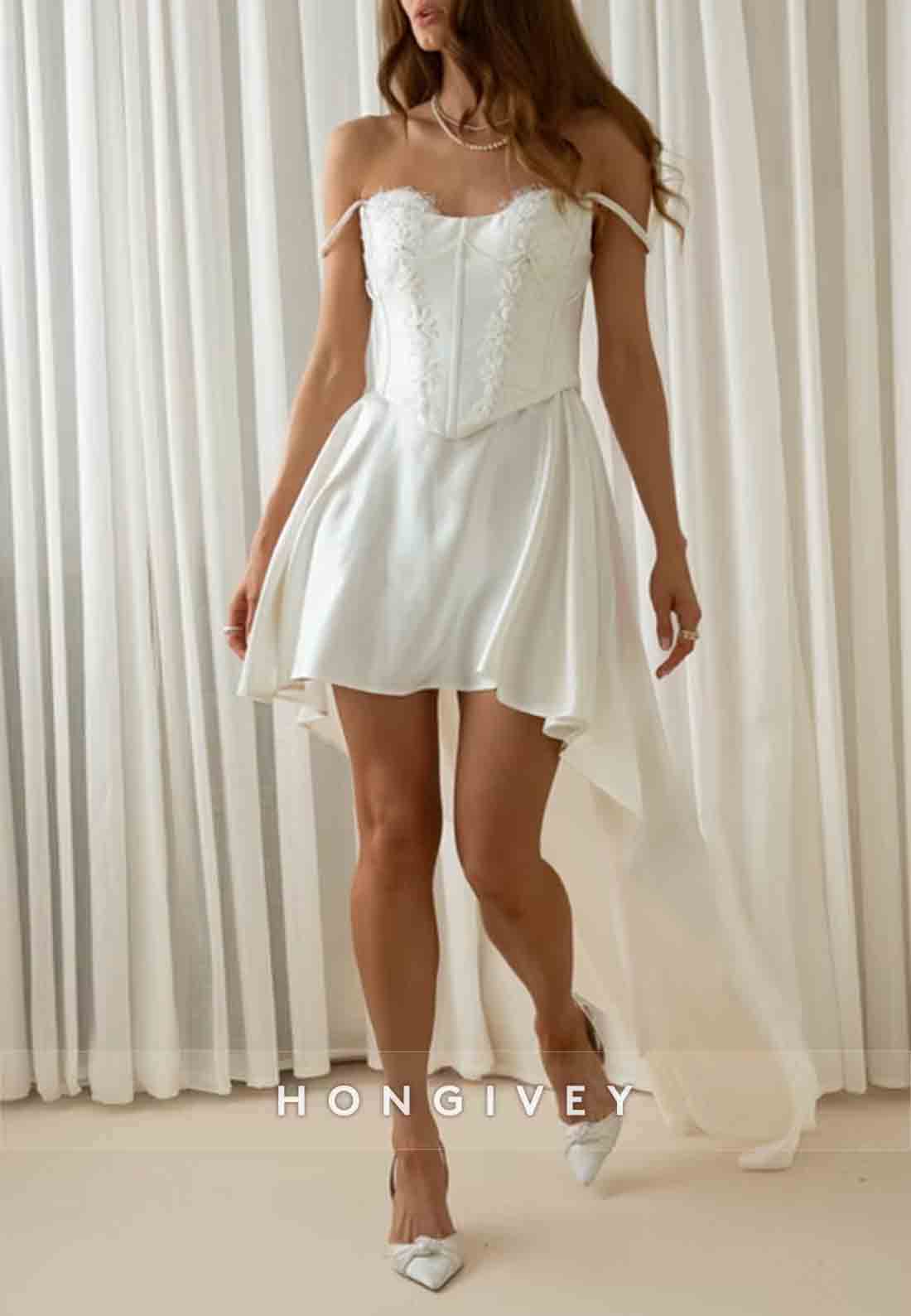 Asymmetrical Off the Shoulder A-Line Lace Short Wedding Dresses