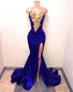 Sexy Royal Blue Mermaid Prom Dresses with Gold Lace Evening Dresses Party Gowns with Slit