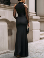 Chic High Neck Satin Evening Gown With Sheer Mesh Sleeves