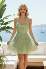 Halter 3D Floral Applique Mini Dress