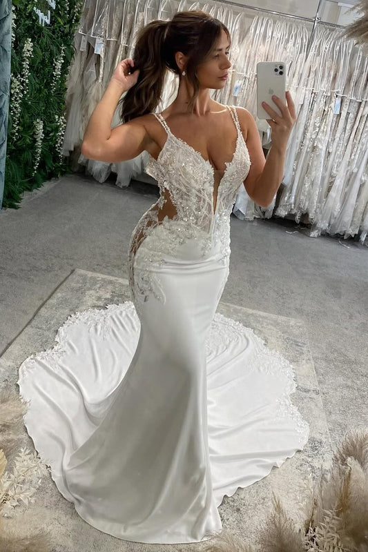 V Back Sleeveless Regular Straps V Neck Chapel Train Mermaid Wedding Dresses