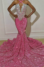 Halter Pink Sleeveless Sequins Prom Dress Long With Beads Crystals