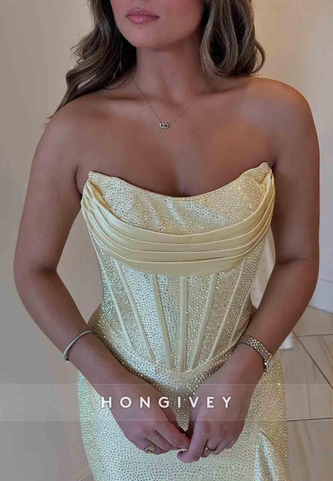 Sparkly Hot Pink Mermaid Strapless Long Beaded Prom Dress with Slit