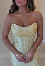 Sparkly Hot Pink Mermaid Strapless Long Beaded Prom Dress with Slit