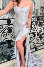 Sparkly Hot Pink Mermaid Strapless Long Beaded Prom Dress with Slit