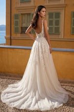 Spaghetti Straps Applique Sleeveless A-Line Side Slit Wedding Dress