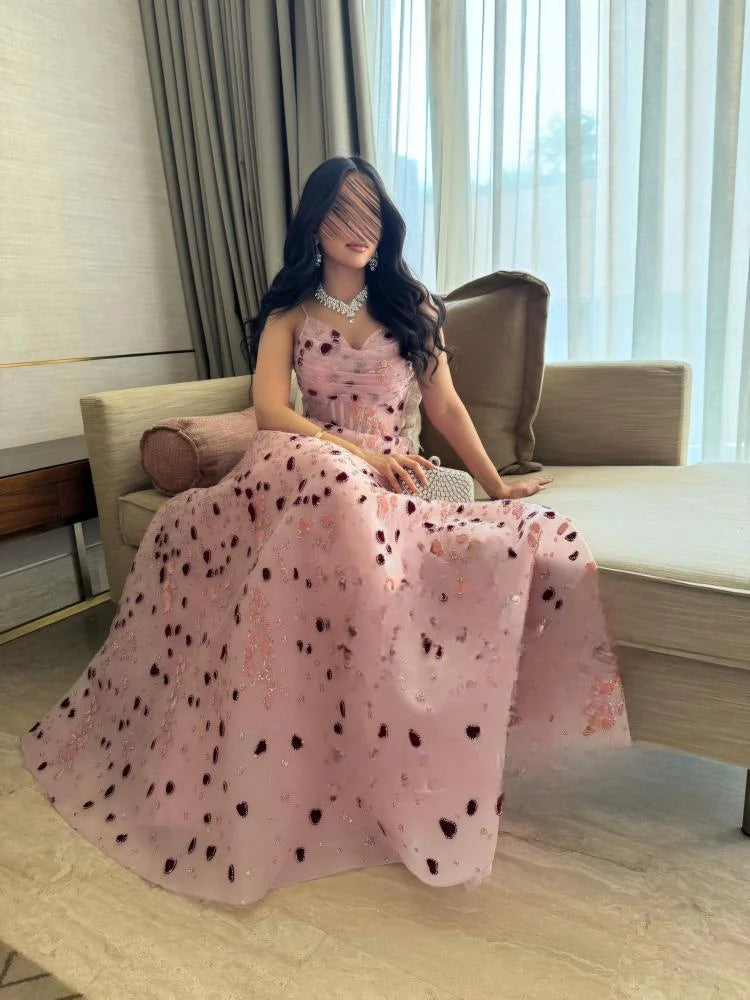 Fashion Spaghetti Straps Pink Sleeveless Sequins Sparkle Prom Dress