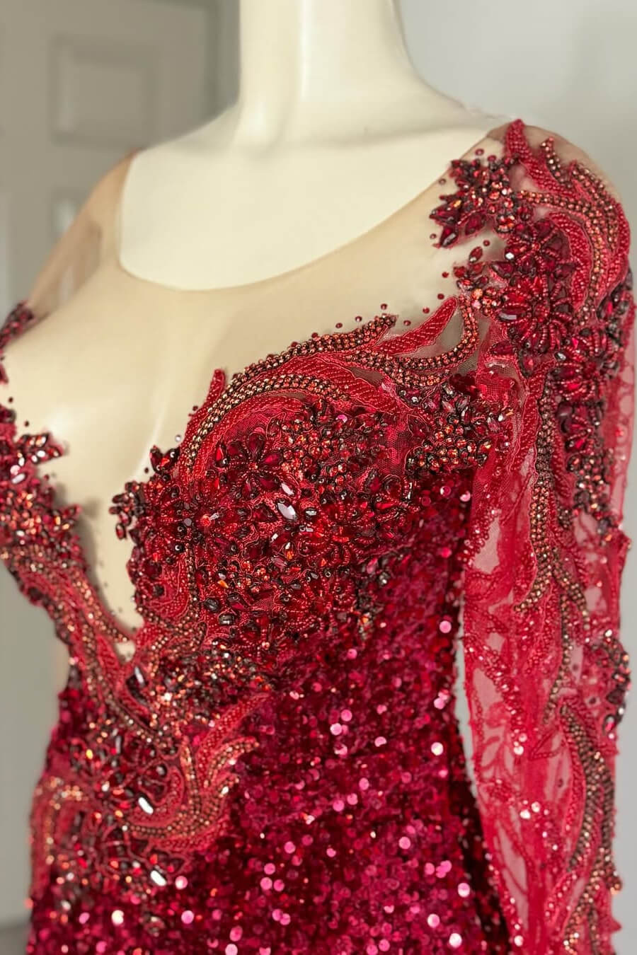 Modern Burgundy Scoop Long Sleeves Sequins Prom Dress Mermaid Split With Beadings