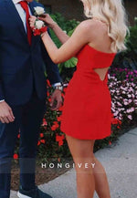 Red Strapless Pleated Sleeveless Keyhole Back Short Homecoming Dresses