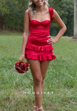 New Sheath Sweetheart Red Satin Mini Homecoming Dress with Ruffles