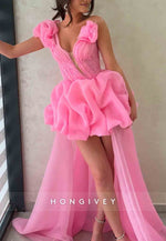 Gorgeous A Line One Shoulder Pink High Low Homecoming Dress with Train
