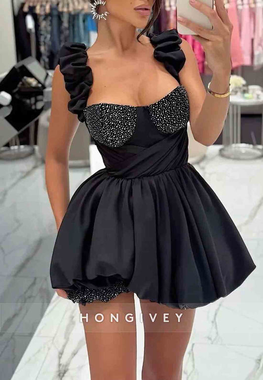 Cap Straps Black A-Line Satin Pleated Mini Homecoming Dresses with Beading
