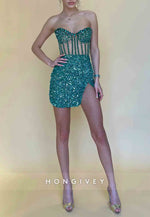 Sparkle Side Slit Strapless Sweetheart Mini Homecoming Dress with Beading