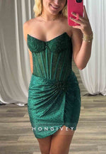 Sheath Strapless Pleated Side Slit Short Homecoming Dresses With Beading