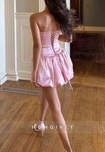 Pink Tie Back Strapless A-Line Sleeveless Pleated Homecoming Dresses