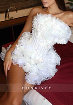 White Sheath Strapless Pleated Sleeveless Flowers Short Homecoming Dresses