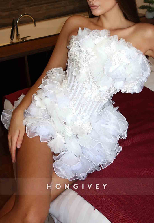 White Sheath Strapless Pleated Sleeveless Flowers Short Homecoming Dresses