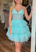 V-Neck A-Line Spaghetti Straps Short Homecoming Dress with Ruffles