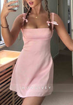 Pink Regular Straps Square Neck Sleeveless A-Line Mini Homecoming Dresses