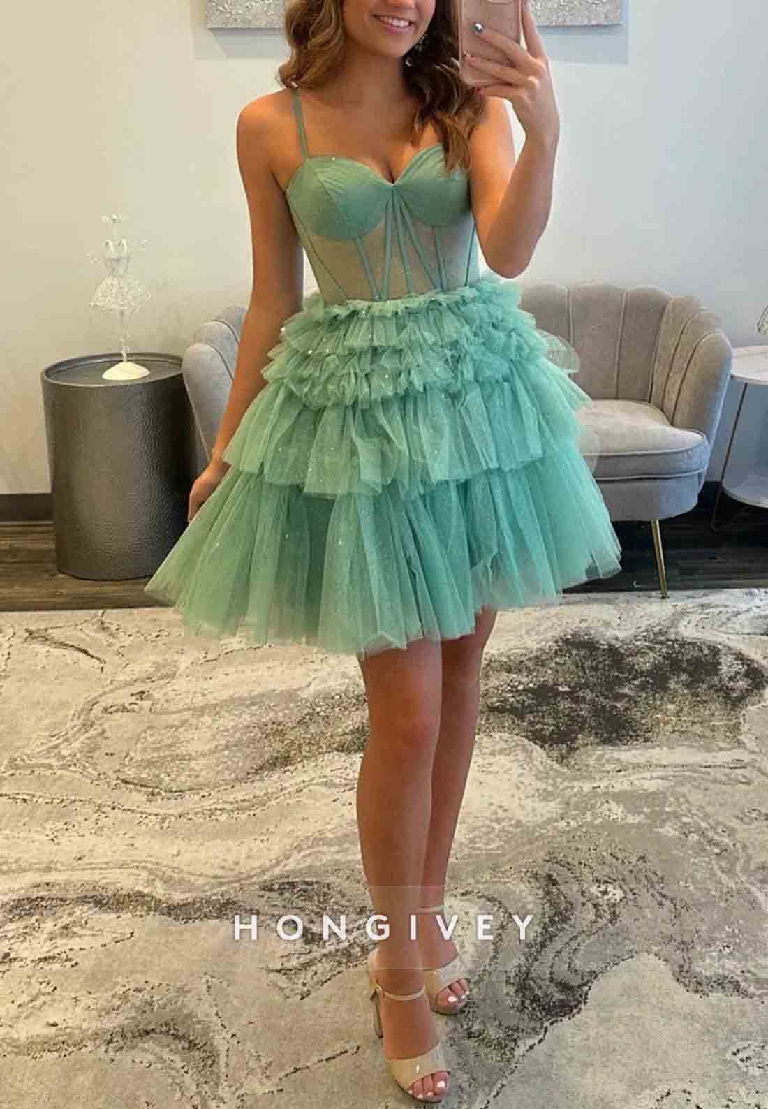 Green Corset Spaghetti Straps Short Homecoming Dress with Ruffles and Sparkle Details