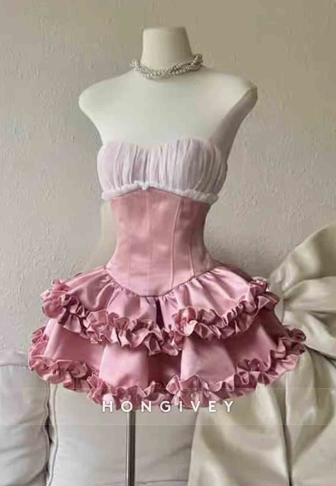 Chic Pink Strapless Ball Gown Short Homecoming Dresses with Ruched Bowknot