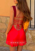 Tie Back Halter Sleeveless Satin Regular Straps Pleated Mini Homecoming Dresses