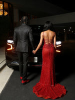 Sparkly Mermaid Sweetheart Red Sequin With Pleated Beads Slit Long Prom Dresses Formal Gown Inspo Evening Outfit With Gloves