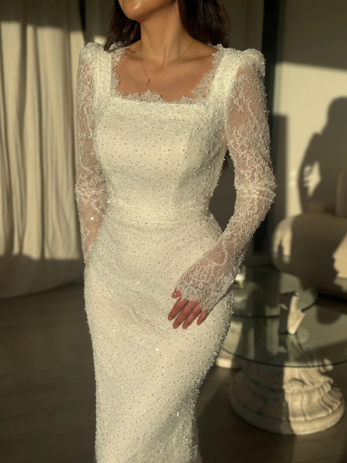 Lace Square Neck Long Sleeve Sequins Mermaid Evening Dress Floor-Length